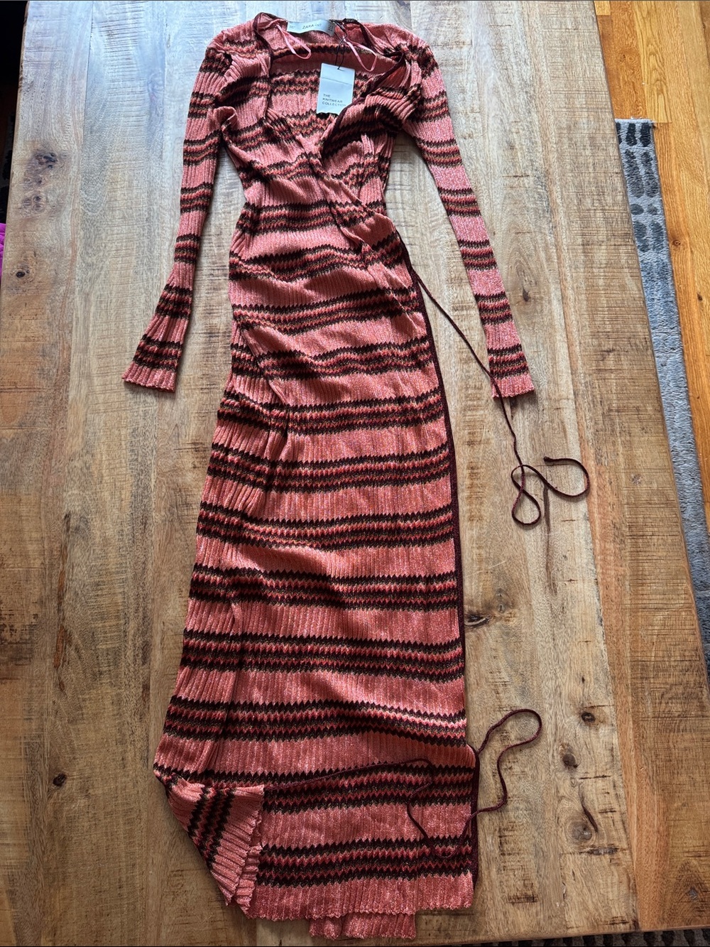 Zara Pink ,Rust and Brown Striped Wrap Maxi Dress metallic long sleeve maxi NWT